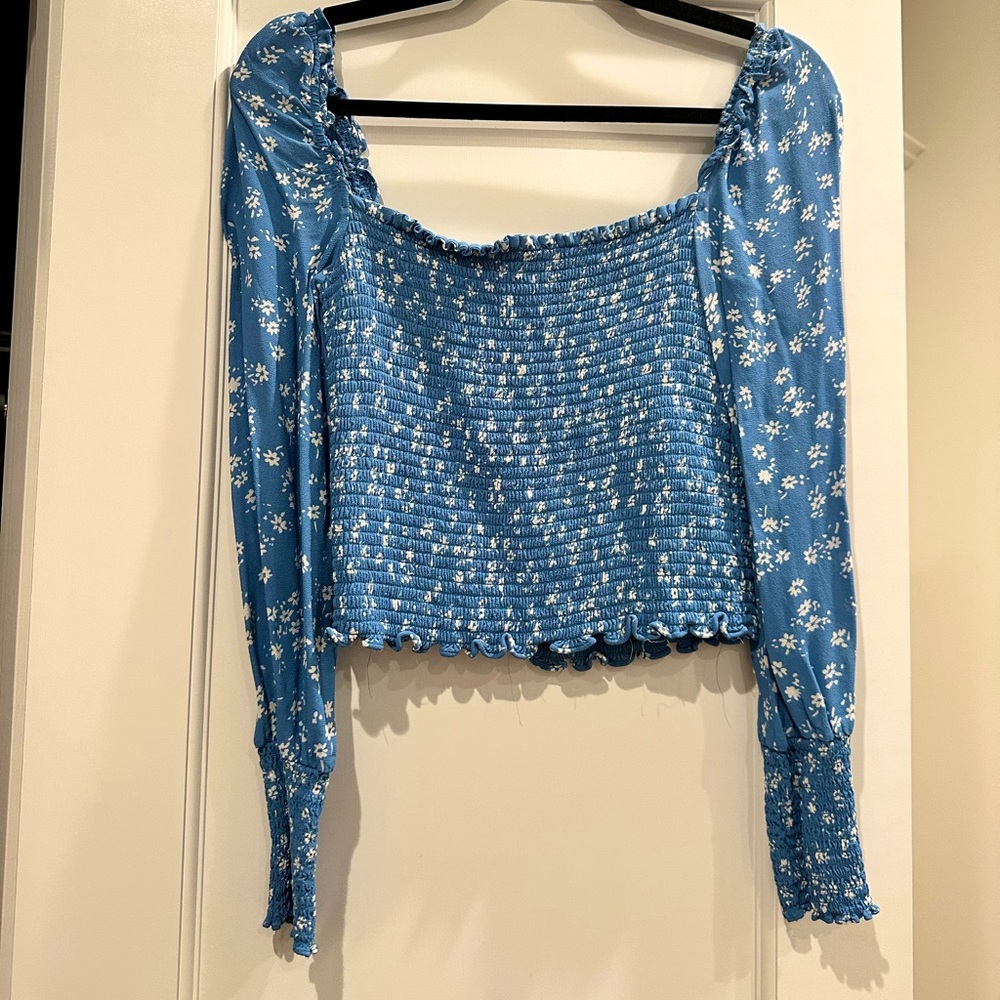 Reformation Robertson blue white floral long sleeve top